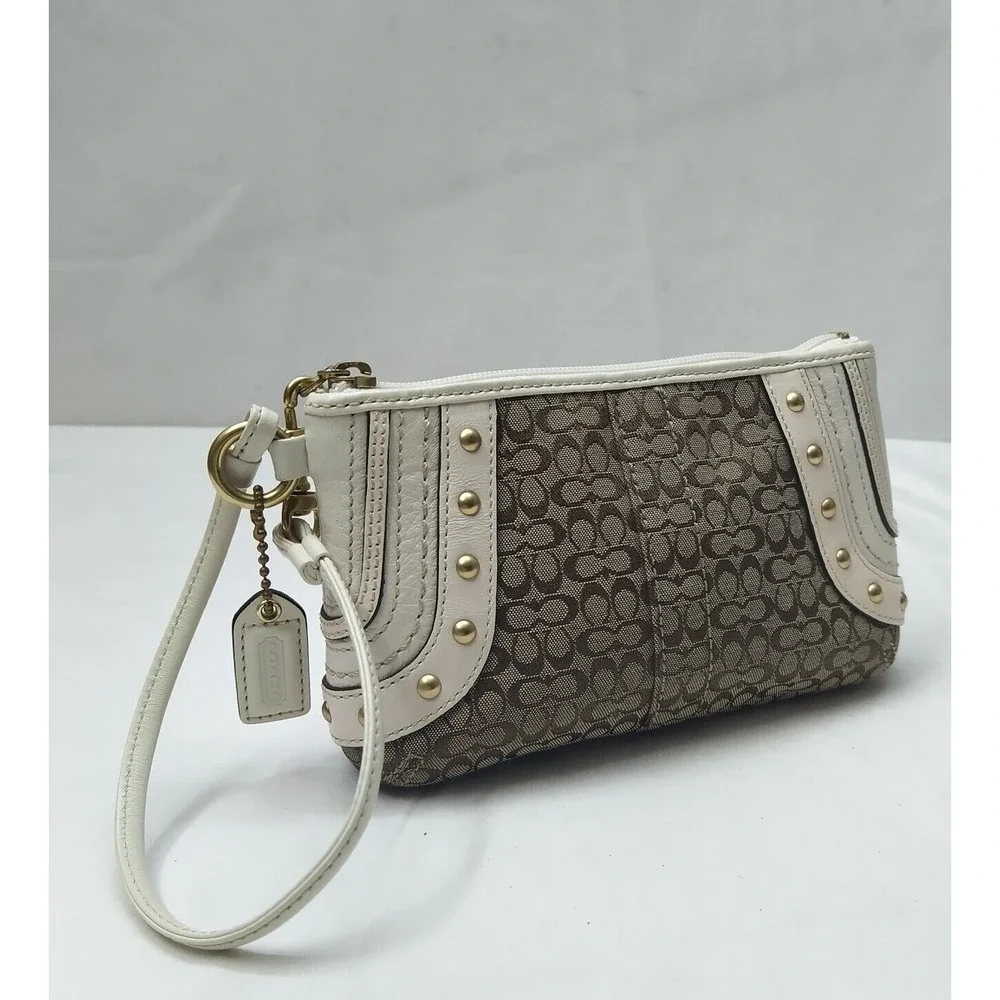Coach Mini C Brown Canvas Leather Trim Studded Zipper Wristlet - Coin Wallet